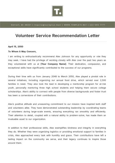 Free Volunteer Service Recommendation Letter Template to Edit Online
