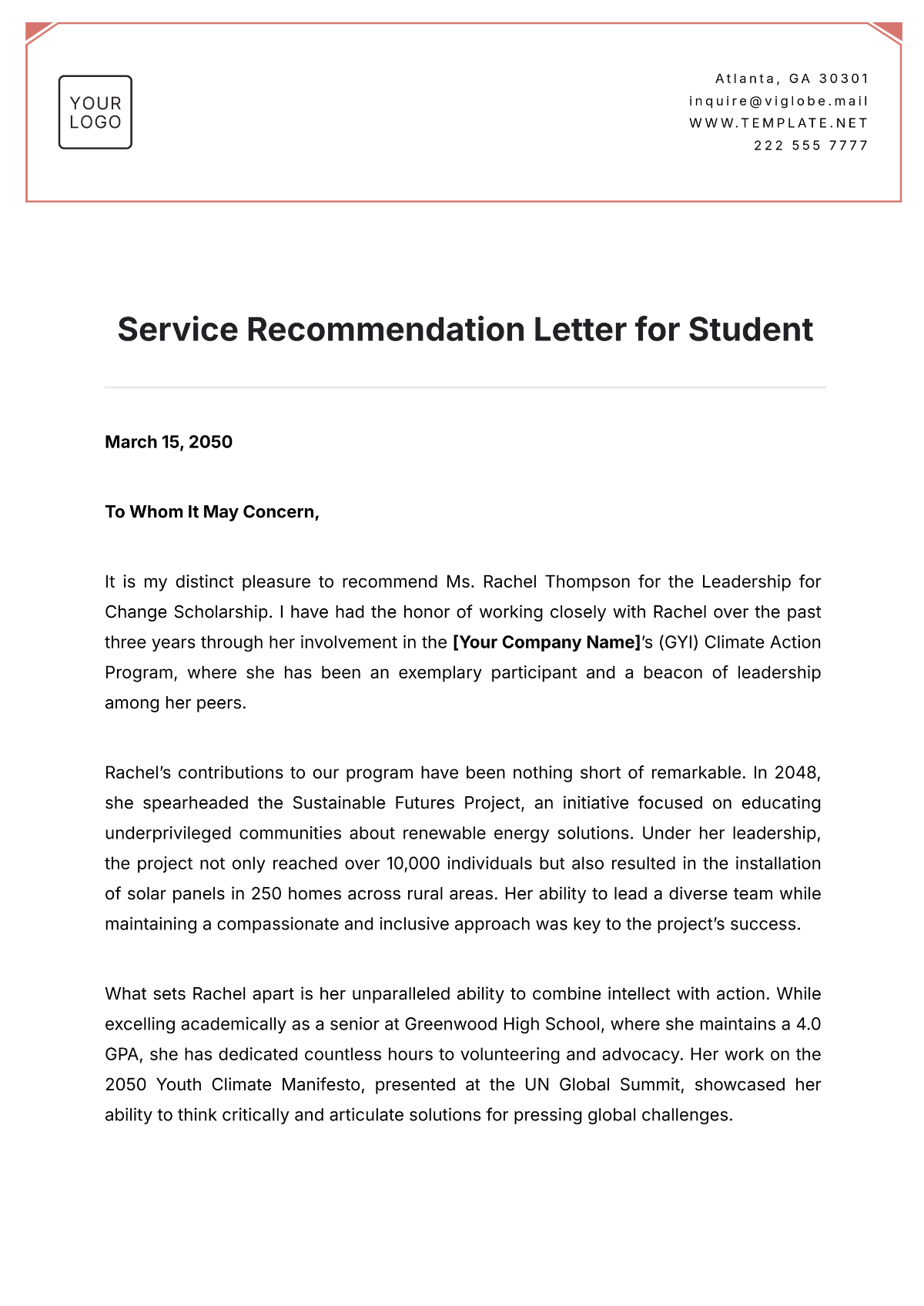 Service Recommendation Letter for Student Template - Edit Online & Download