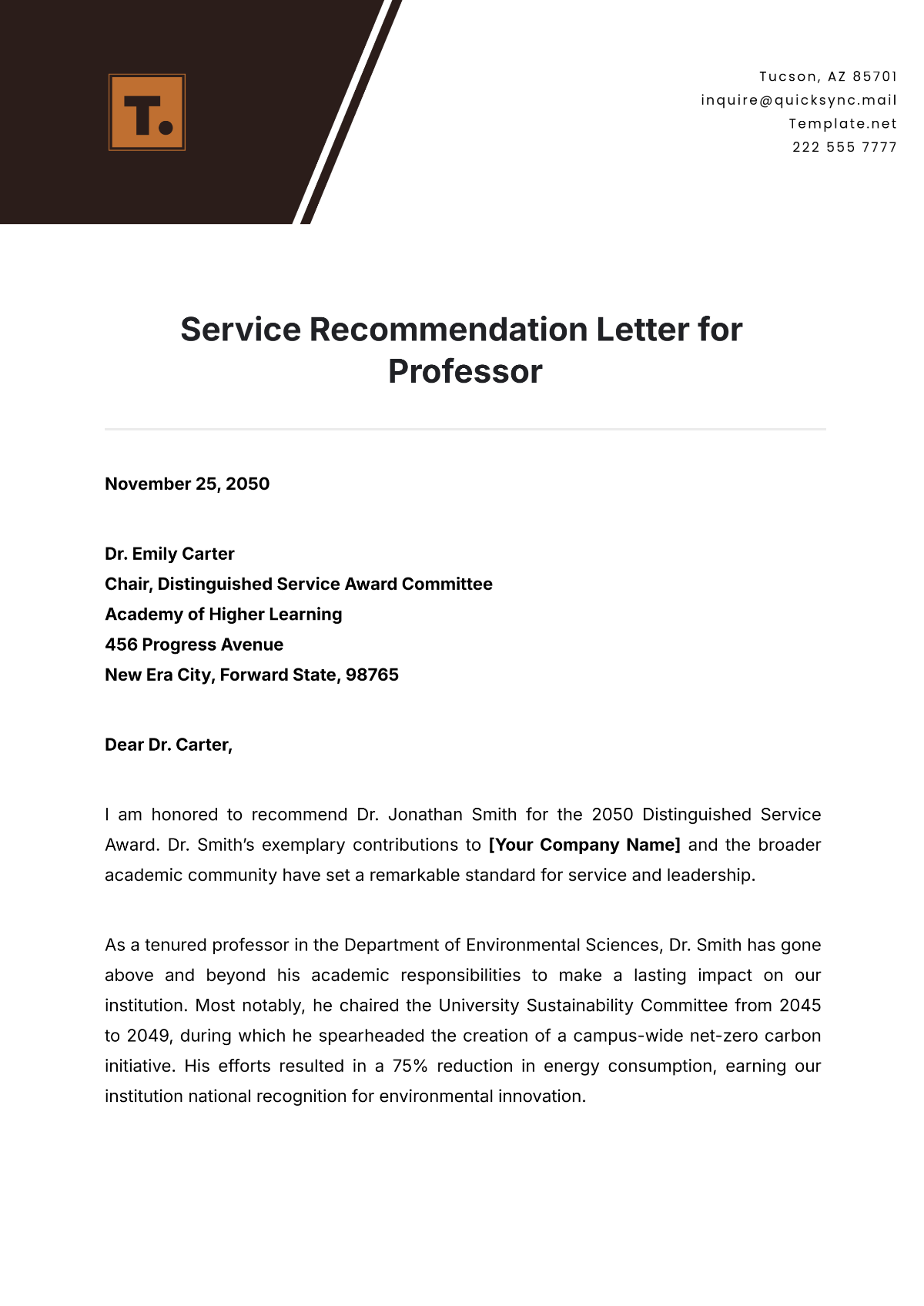 Service Recommendation Letter for Professor Template - Edit Online & Download