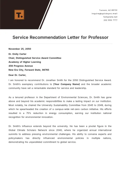 Free Service Recommendation Letter for Professor Template to Edit Online