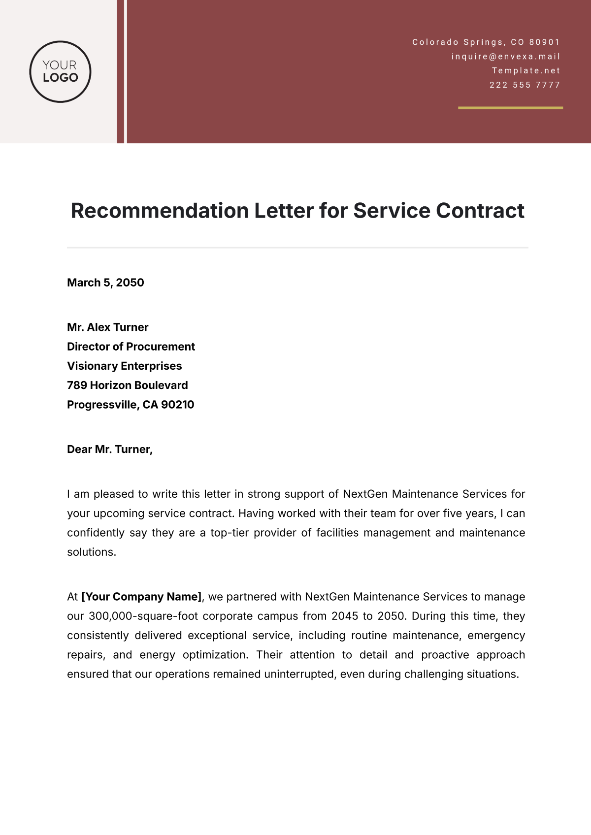 Recommendation Letter for Service Contract Template - Edit Online & Download