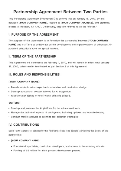 Free Partnership Agreement Between Two Parties Template to Edit Online