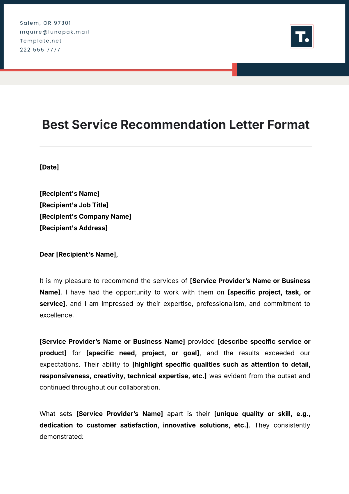 Best Service Recommendation Letter Format Template - Edit Online & Download