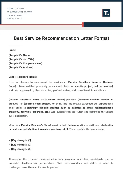 Free Best Service Recommendation Letter Format Template to Edit Online