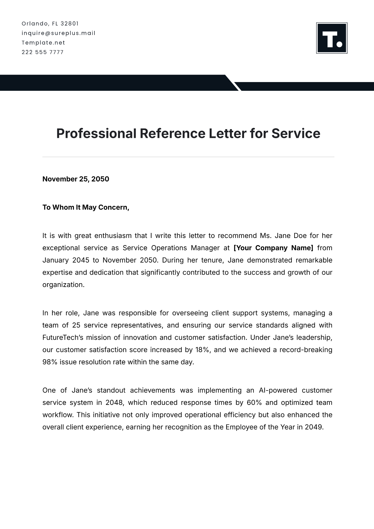 Professional Reference Letter for Service Template - Edit Online & Download