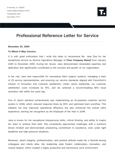 Free Professional Reference Letter for Service Template to Edit Online