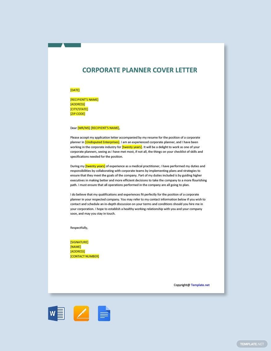 Corporate Planner Cover Letter