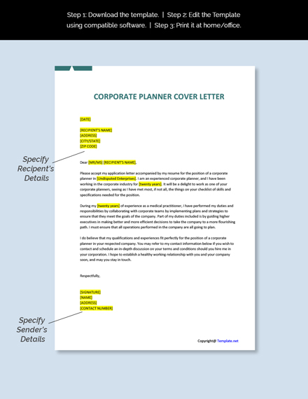 Corporate Planner Cover Letter Template [Free PDF] - Word (DOC) | Apple ...