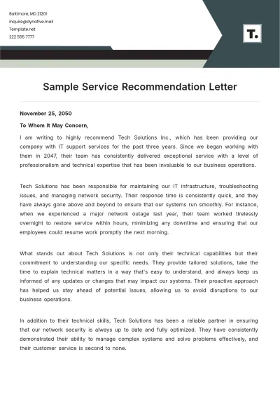 Free Sample Service Recommendation Letter Template to Edit Online