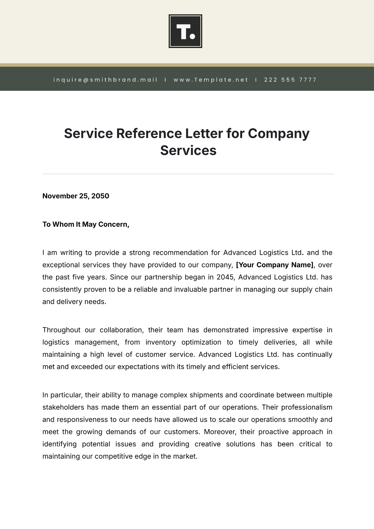 Service Reference Letter for Company Services Template - Edit Online & Download