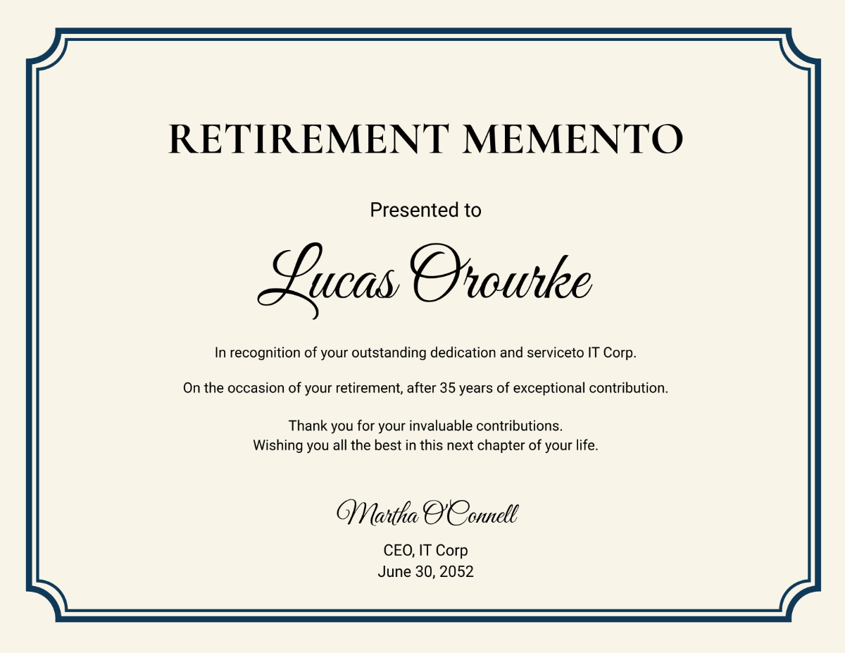 Free Retirement Memento Certificate Template - Edit Online & Download