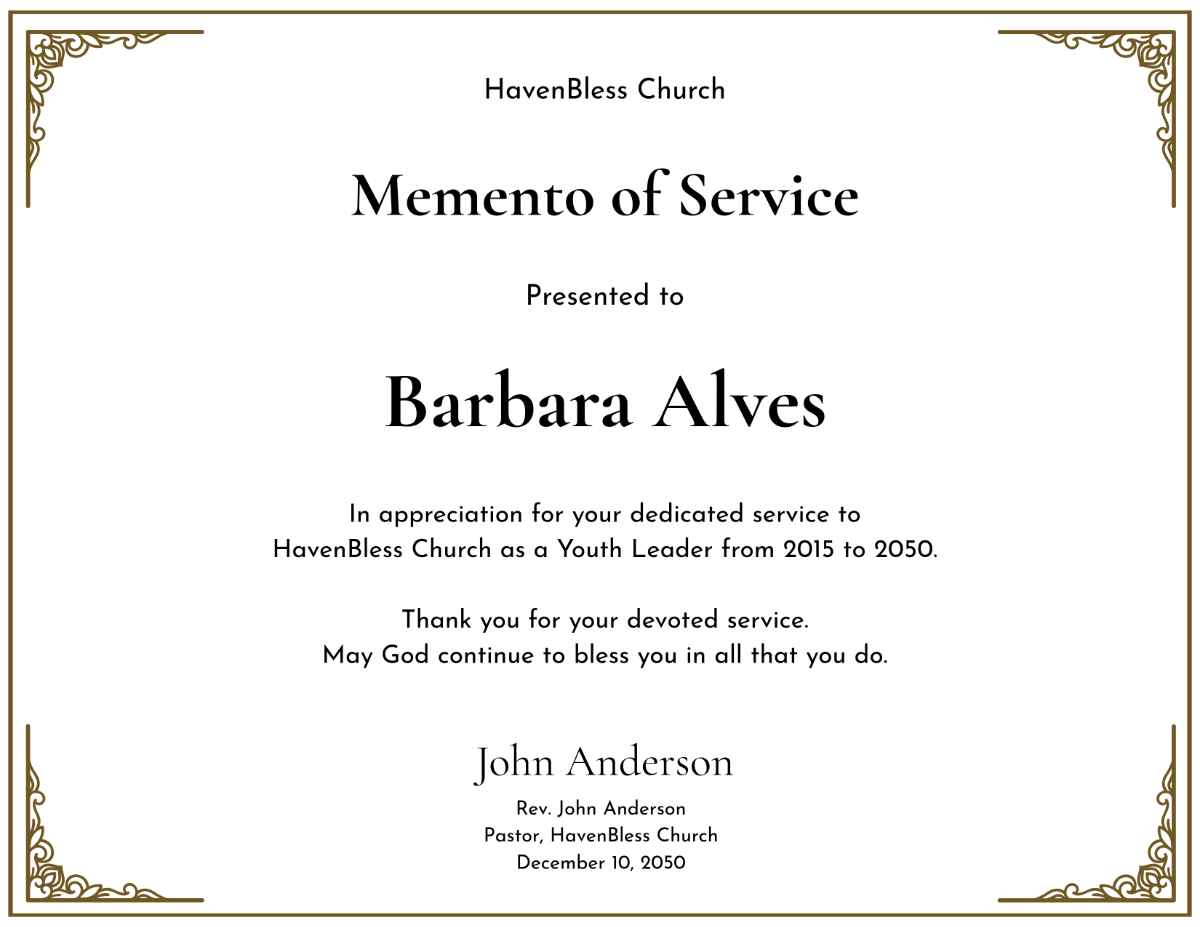 Free Church Service Memento Certificate Template - Edit Online & Download