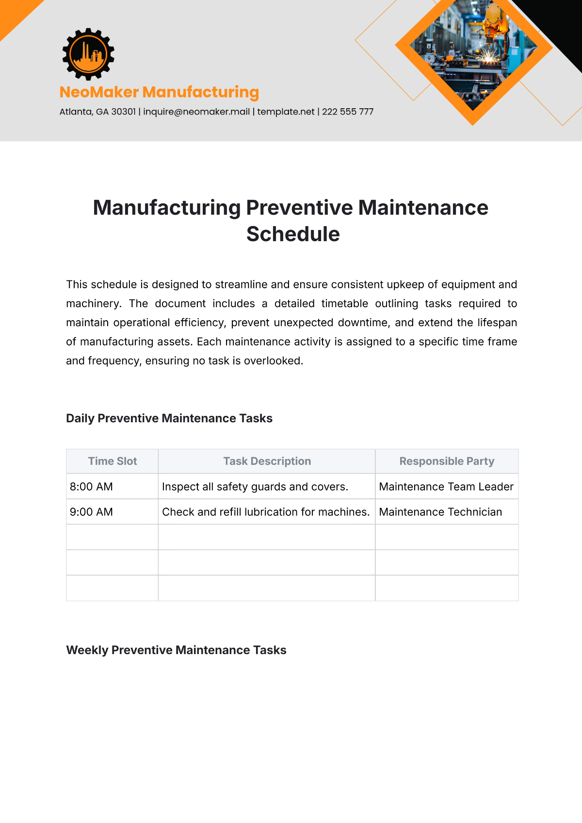 Manufacturing Preventive Maintenance Schedule Template - Edit Online & Download