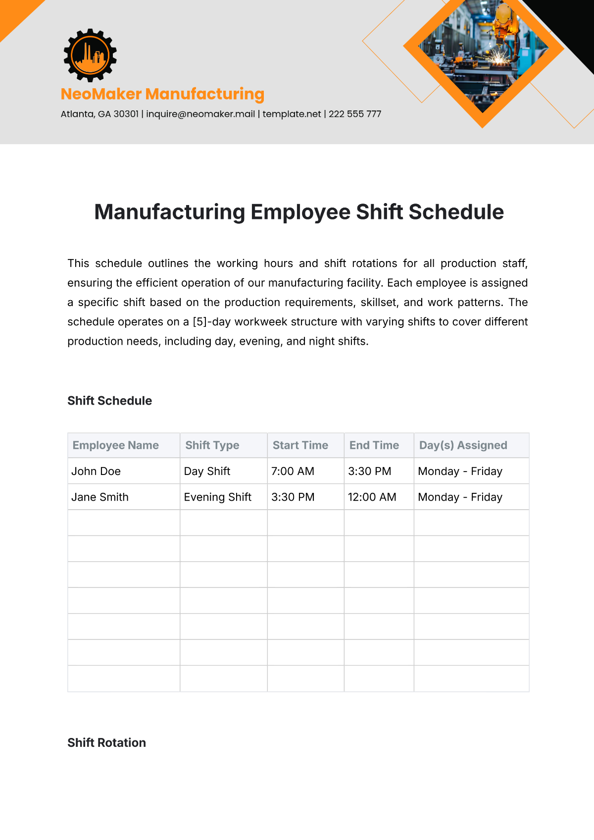 Manufacturing Employee Shift Schedule Template - Edit Online & Download