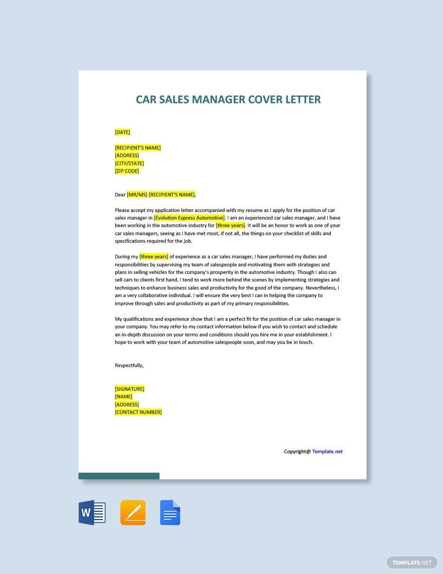 Car Sales Manager Cover Letter Template