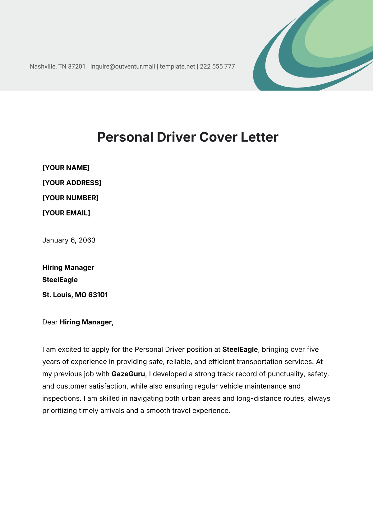 Personal Driver Cover Letter Template - Edit Online & Download