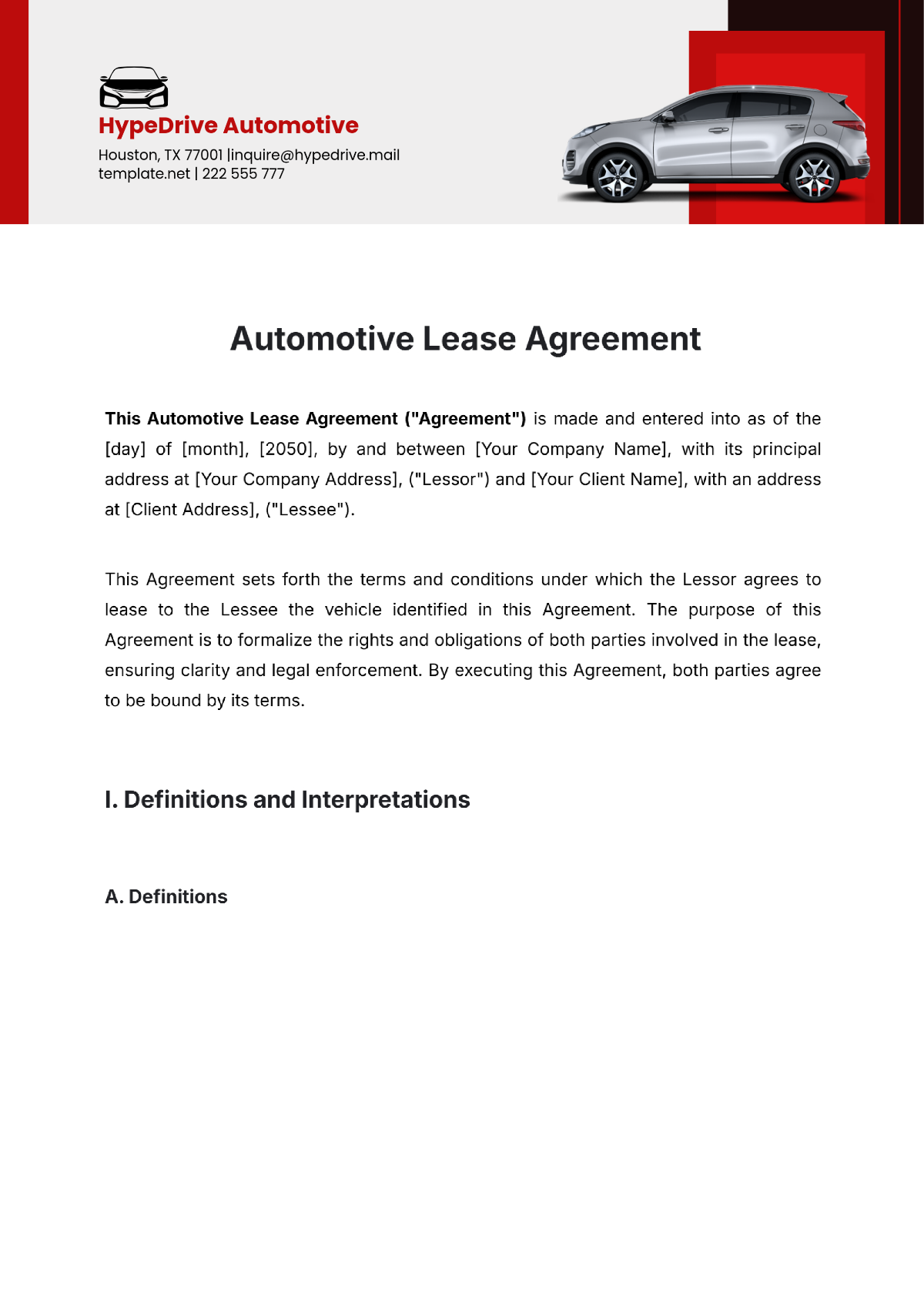 Automotive Lease Agreement Template - Edit Online & Download