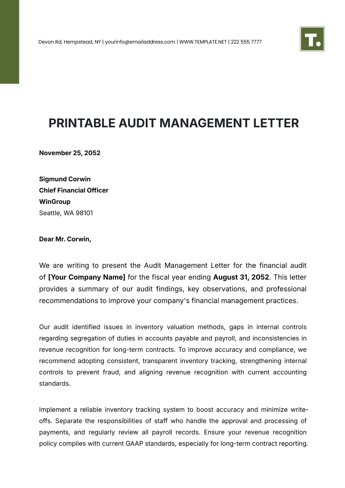 Printable Audit Management Letter Template - Edit Online & Download