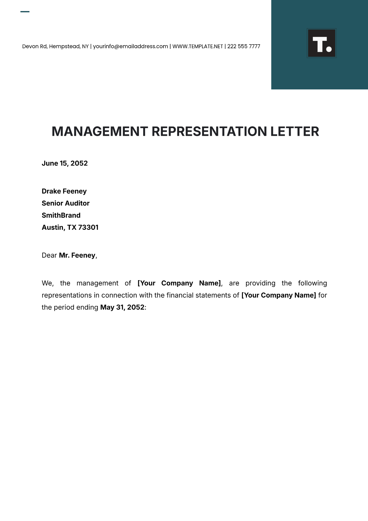 Management Representation Letter Template - Edit Online & Download