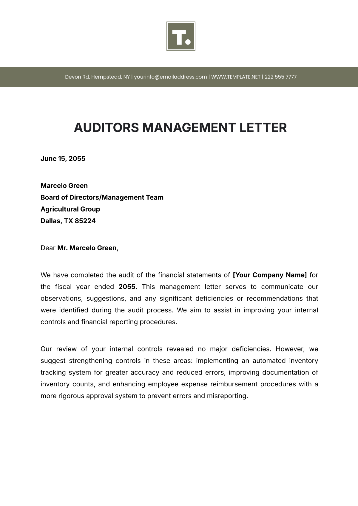 Auditor’s Management Letter Template - Edit Online & Download