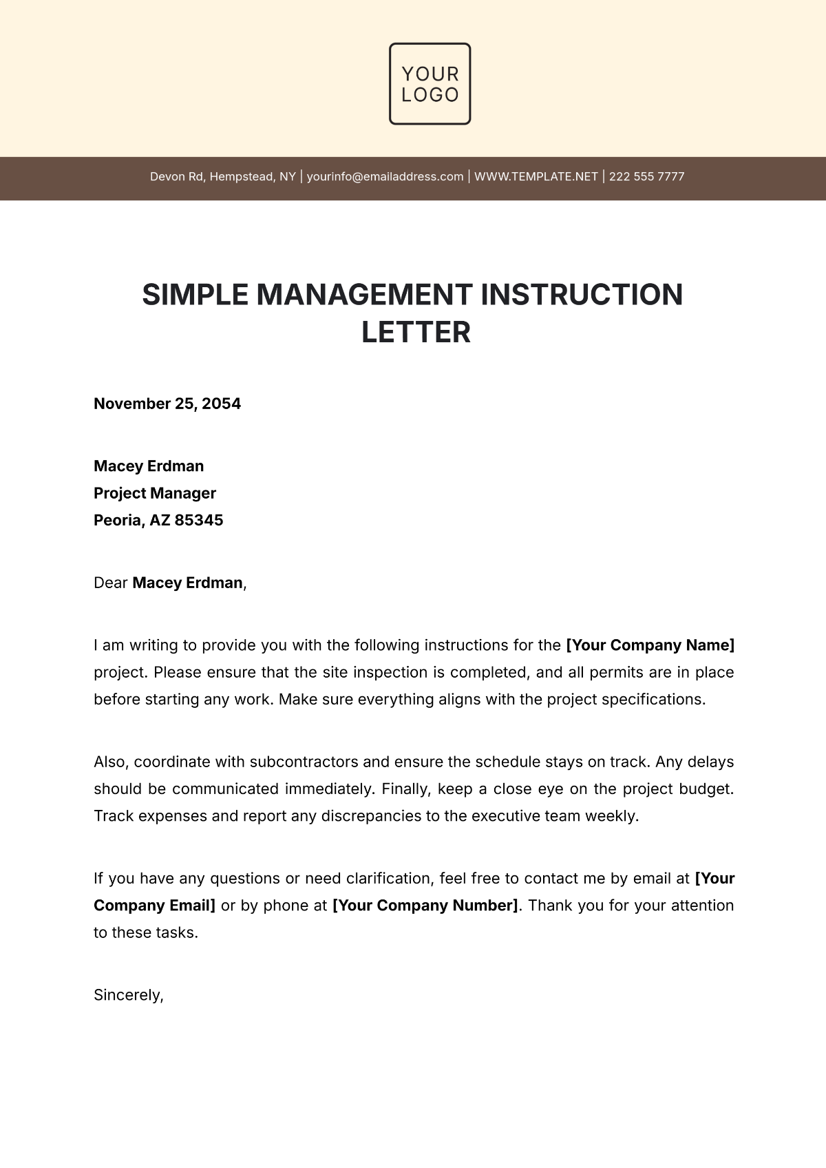 Simple Management Instruction Letter Template - Edit Online & Download