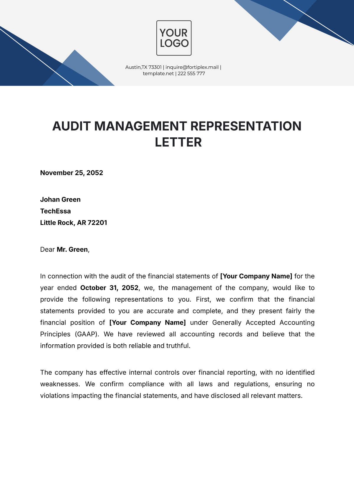 Audit Management Representation Letter Template - Edit Online & Download