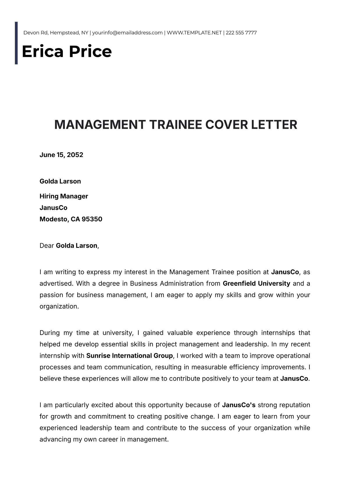 Management Trainee Cover Letter Template - Edit Online & Download