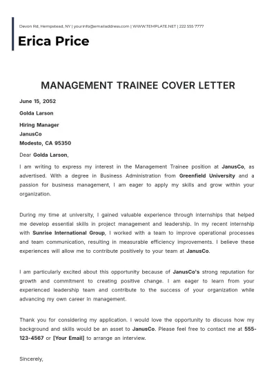 Free Management Trainee Cover Letter Template to Edit Online