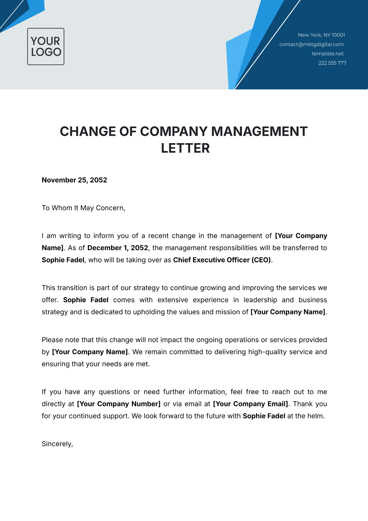 Change of Company Management Letter Template - Edit Online & Download