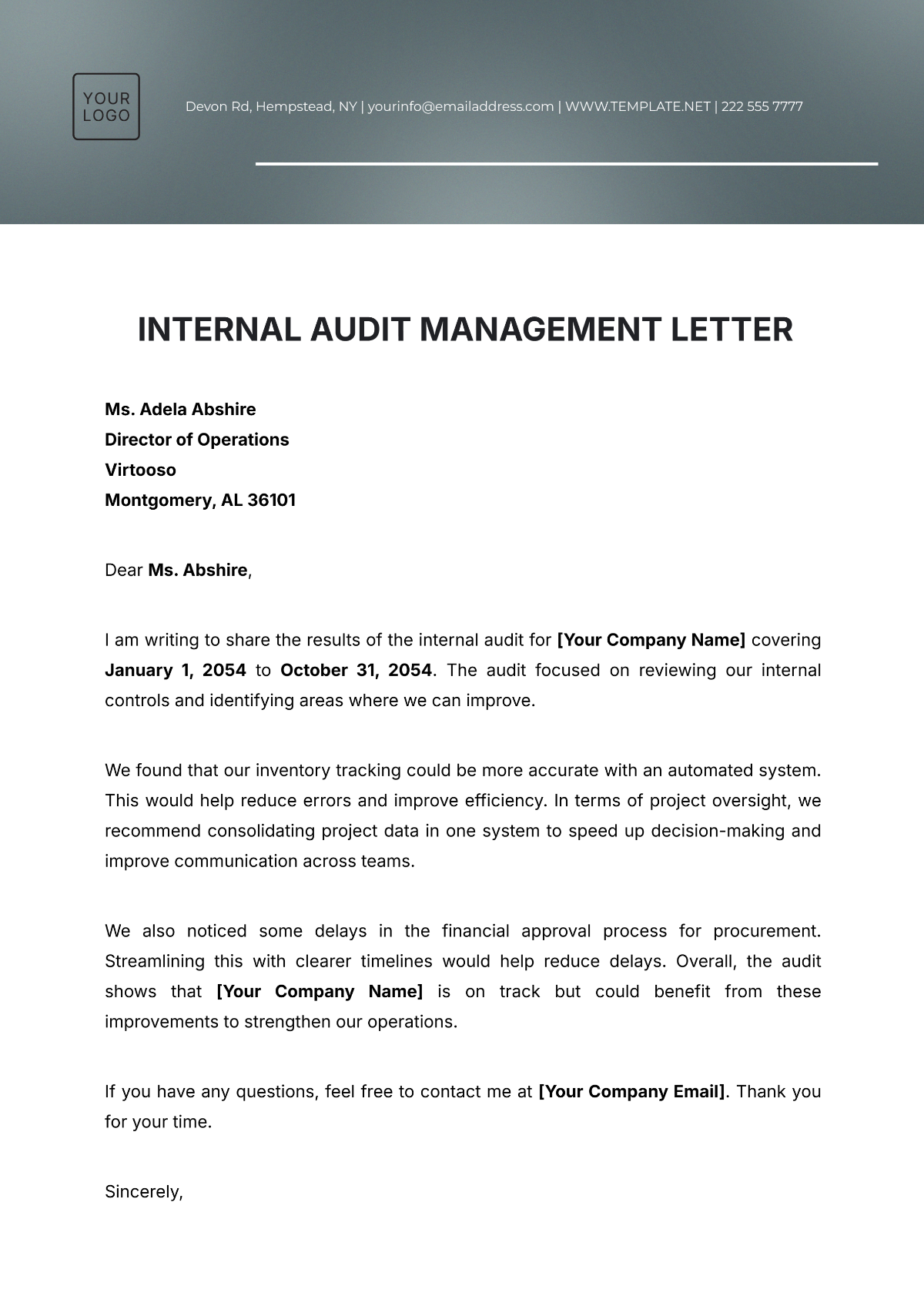 Internal Audit Management Letter Template - Edit Online & Download