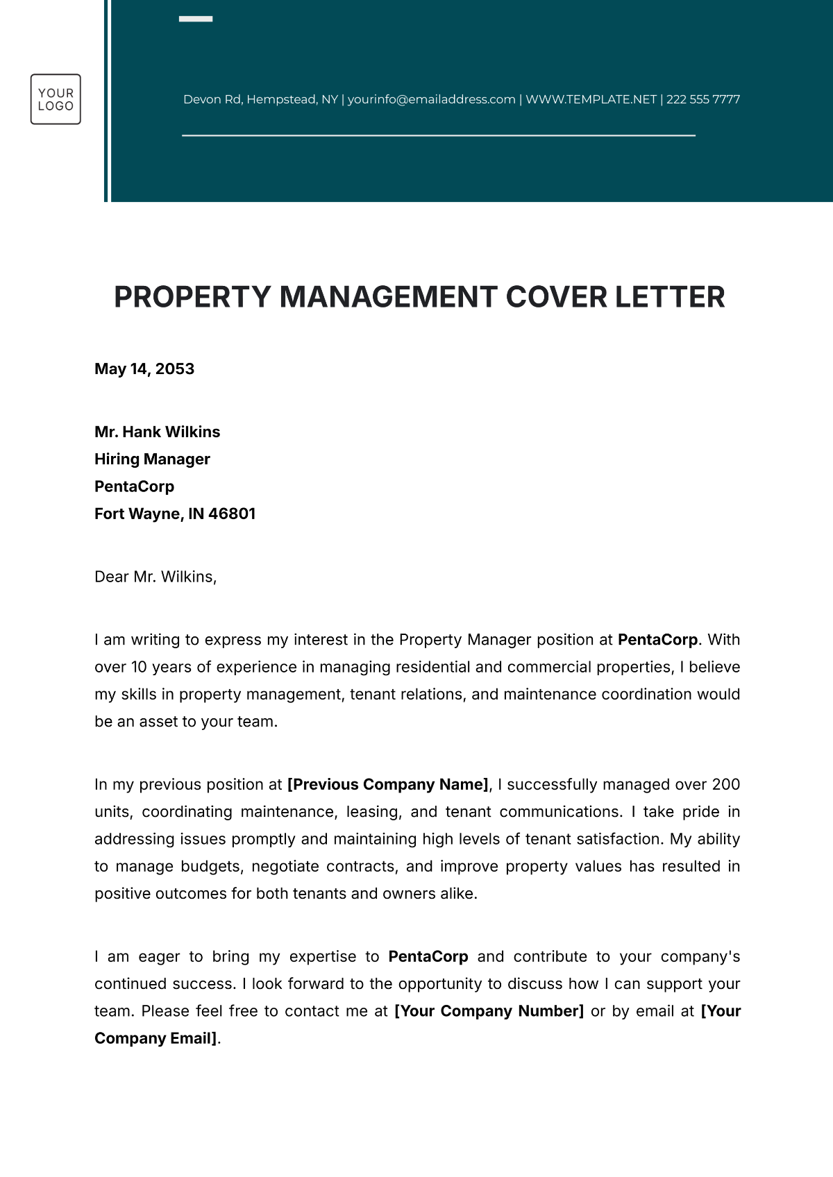 Property Management Cover Letter Template - Edit Online & Download