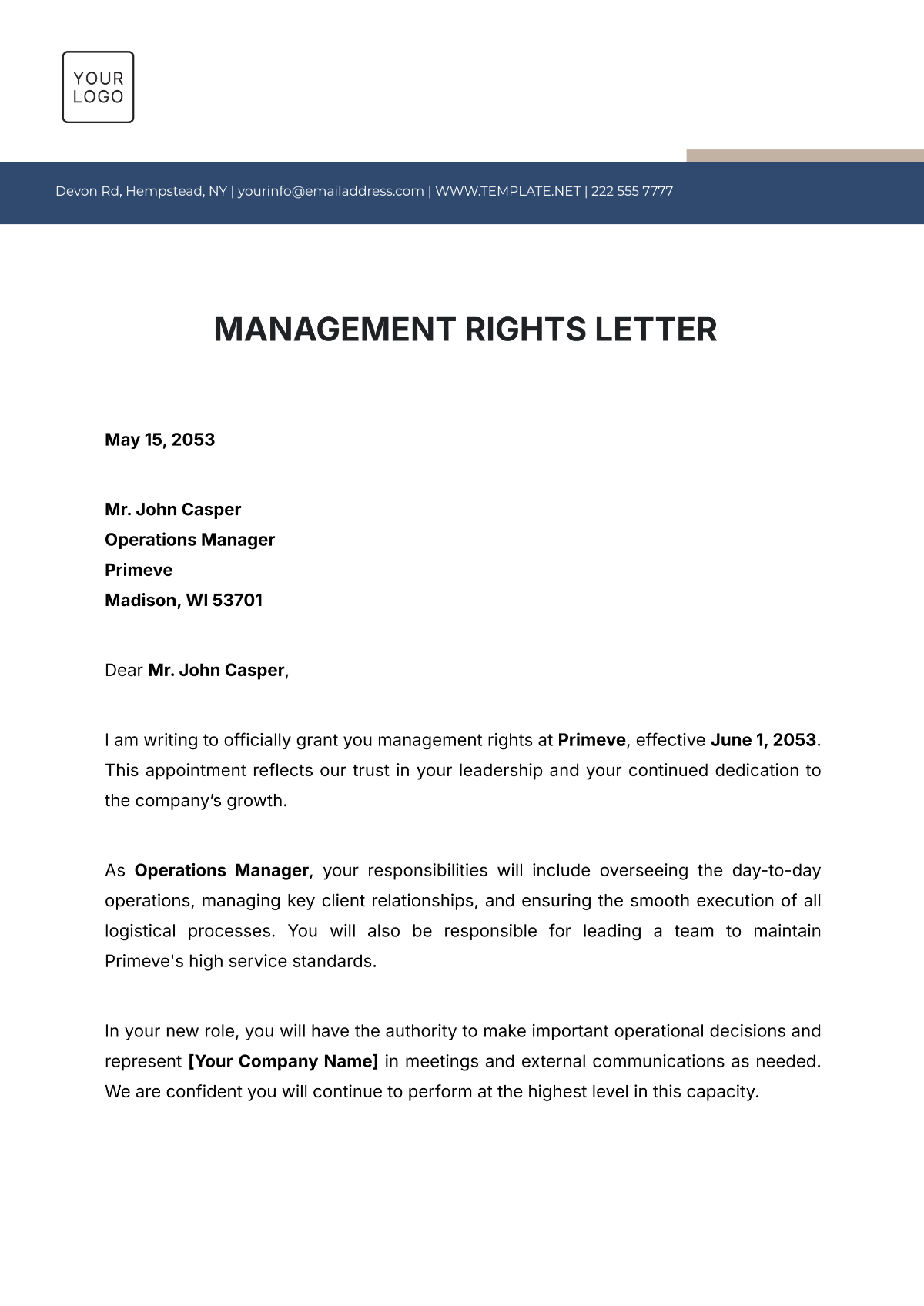 Management Rights Letter Template - Edit Online & Download