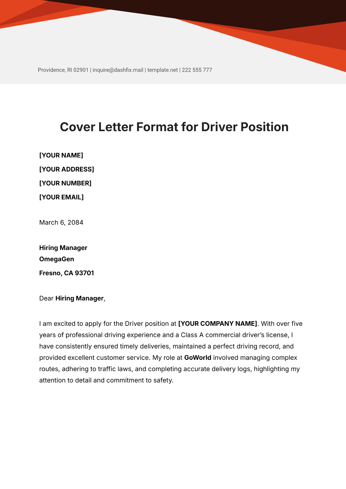 Cover Letter Format for Driver Position Template - Edit Online & Download