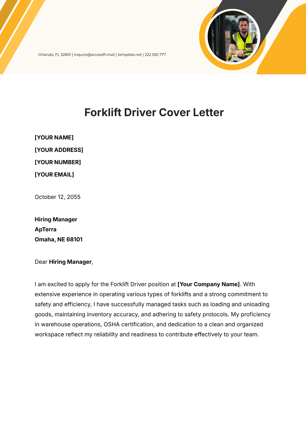 Forklift Driver Cover Letter Template - Edit Online & Download