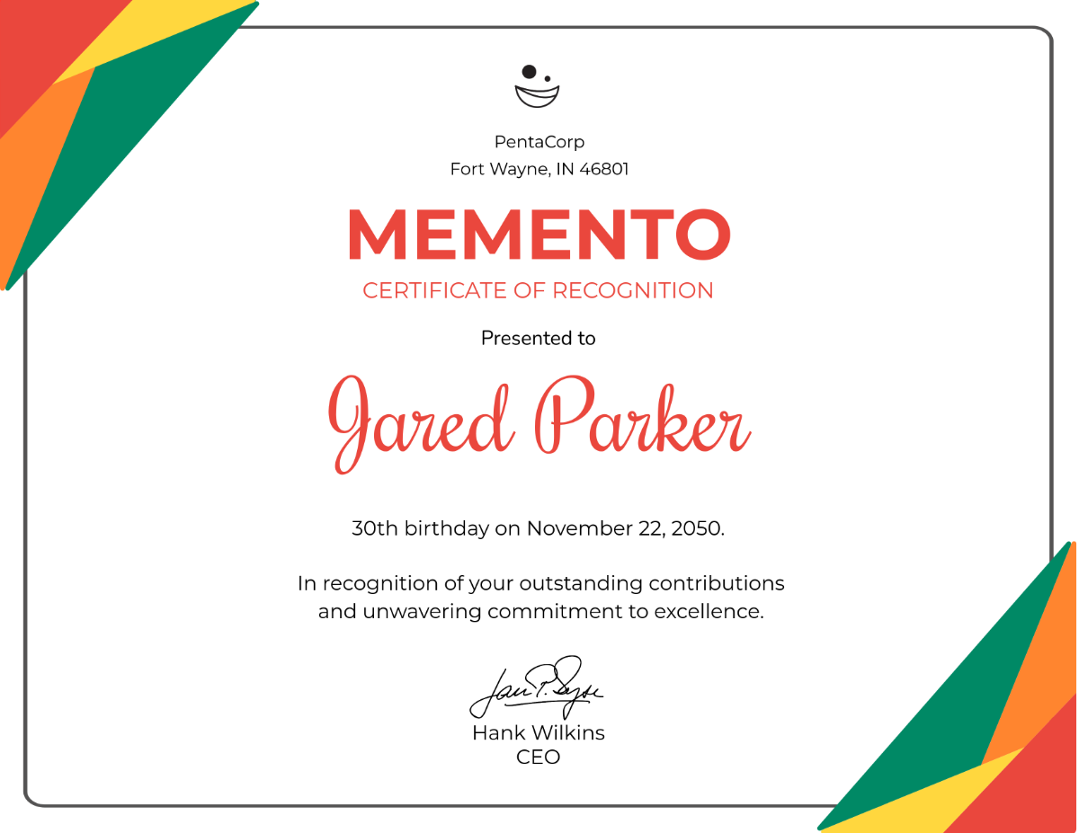 Colorful Personalized Memento Certificate Template - Edit Online & Download