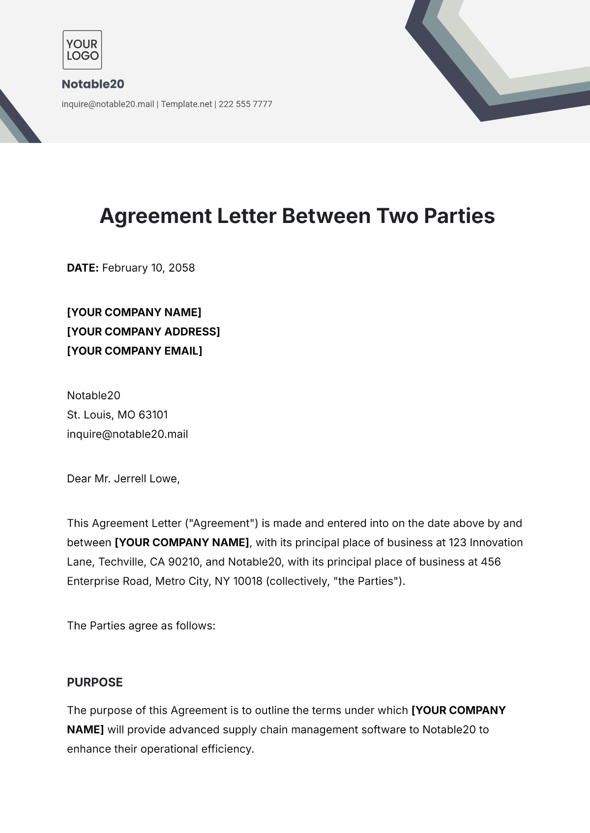 Agreement Letter Between Two Parties Template - Edit Online & Download