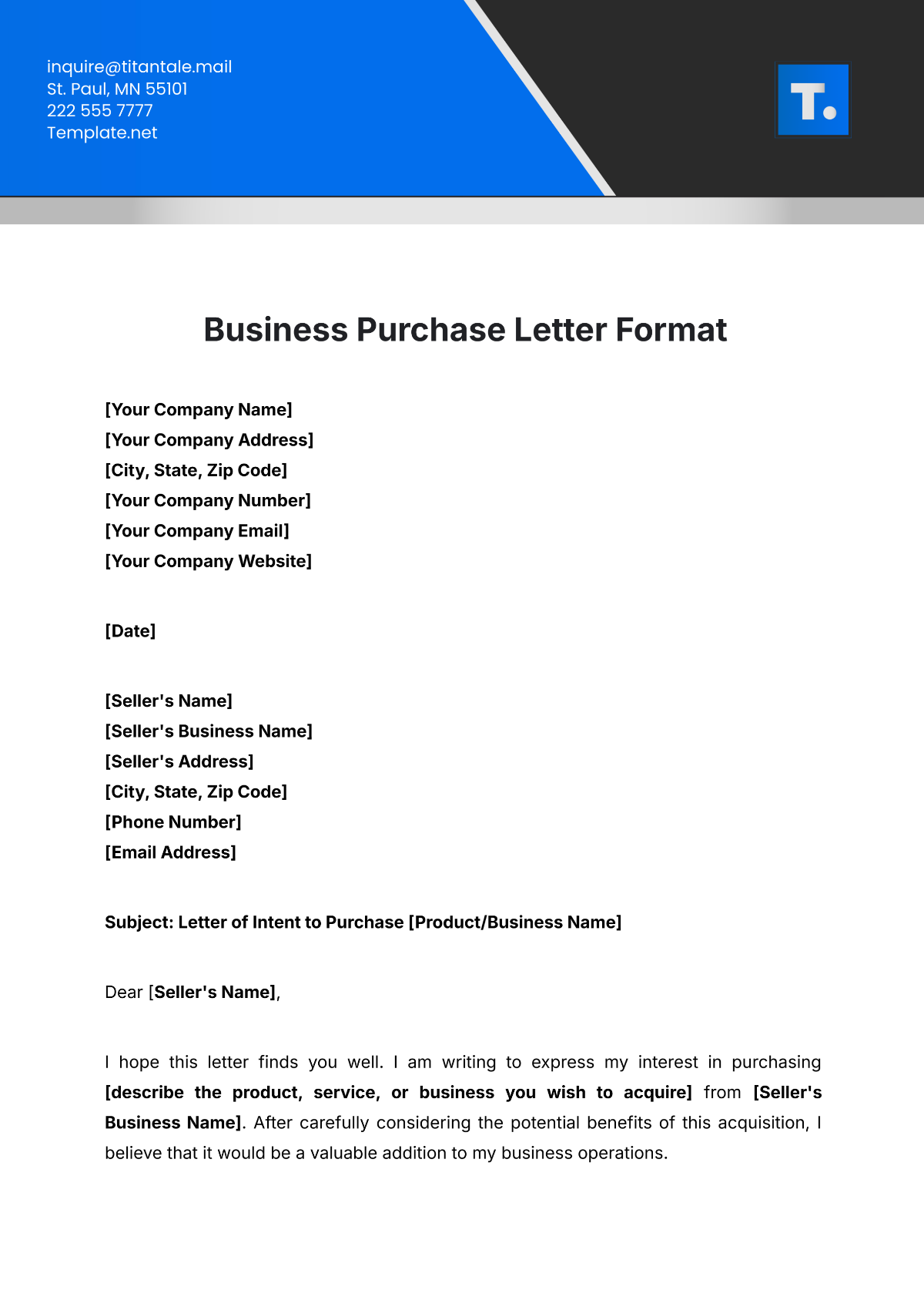 Business Purchase Letter Format Template - Edit Online & Download