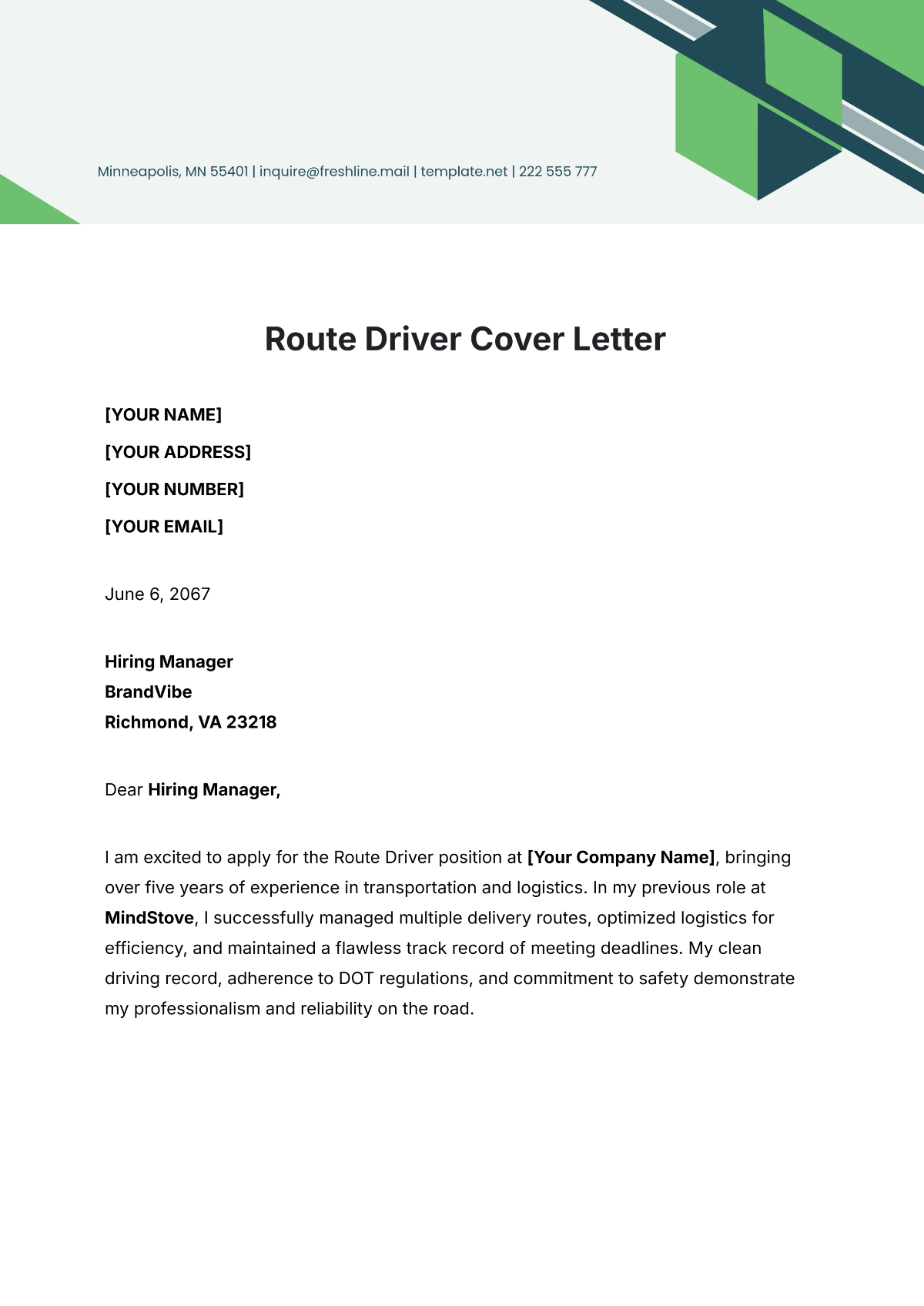 Route Driver Cover Letter Template - Edit Online & Download