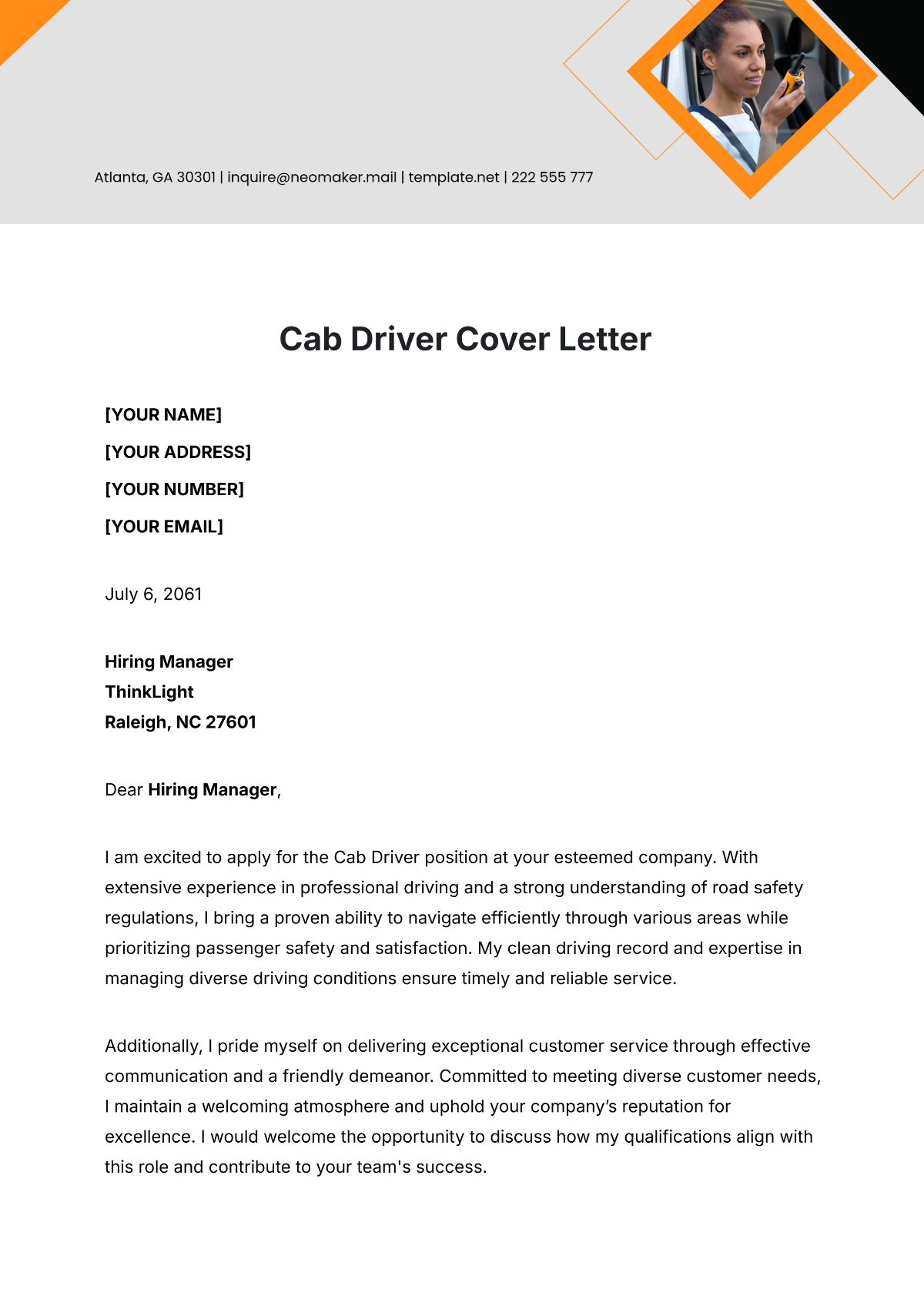 Cab Driver Cover Letter Template - Edit Online & Download