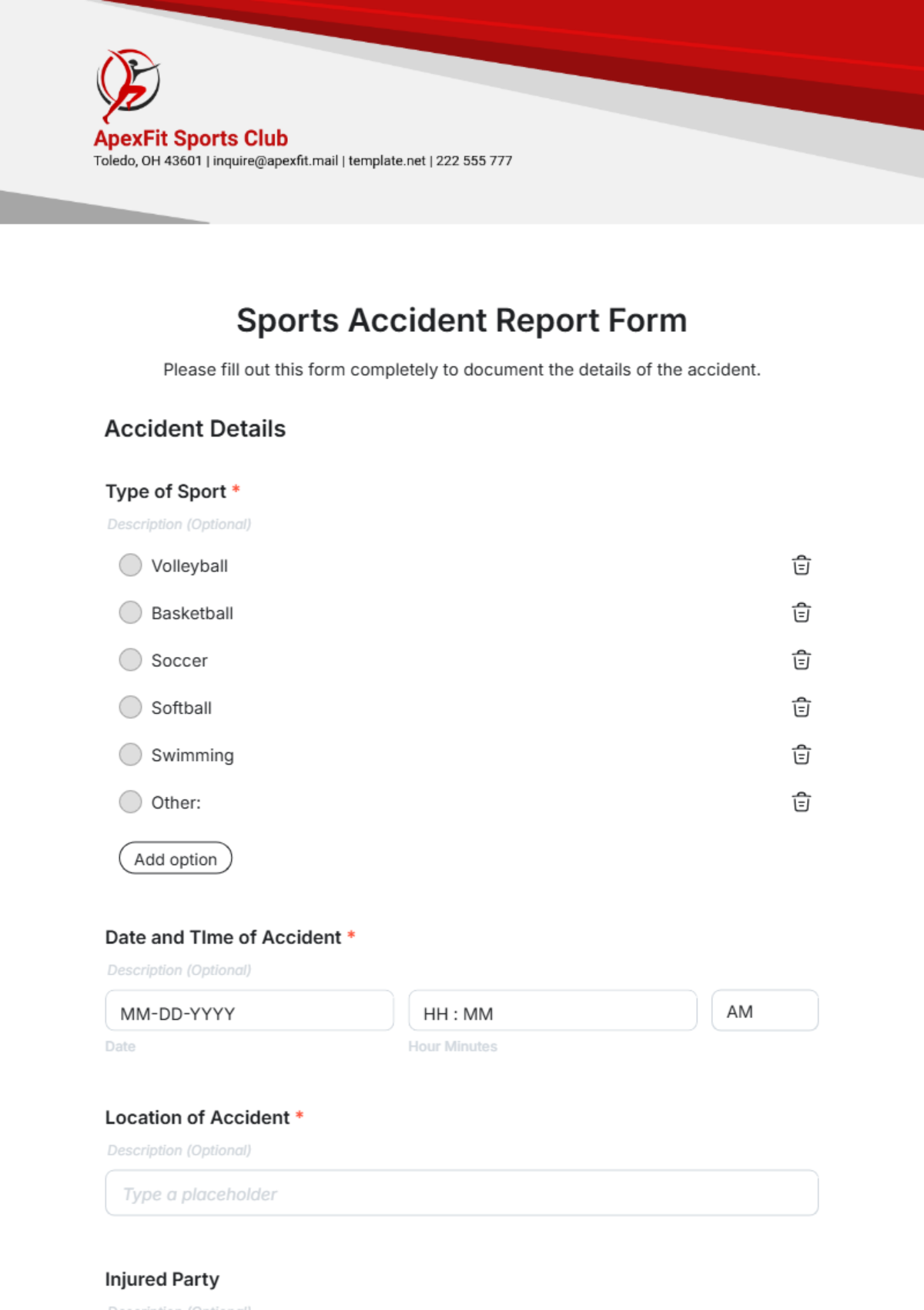 Sports Accident Report Form Template - Edit Online & Download