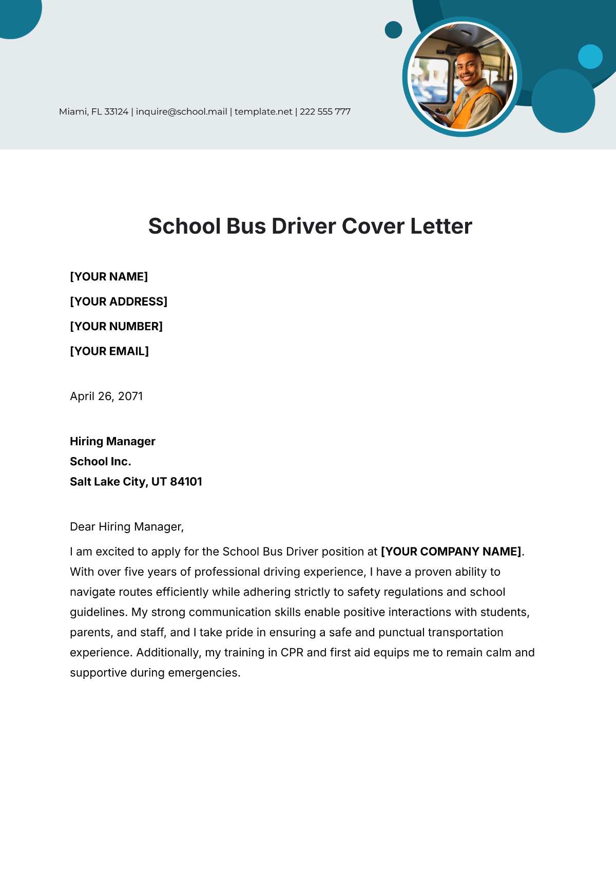 School Bus Driver Cover Letter Template - Edit Online & Download