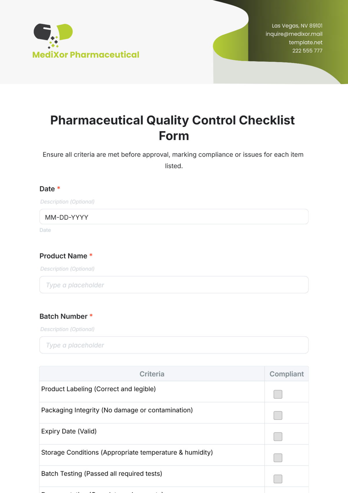 Pharmaceutical Quality Control Checklist Form Template - Edit Online & Download