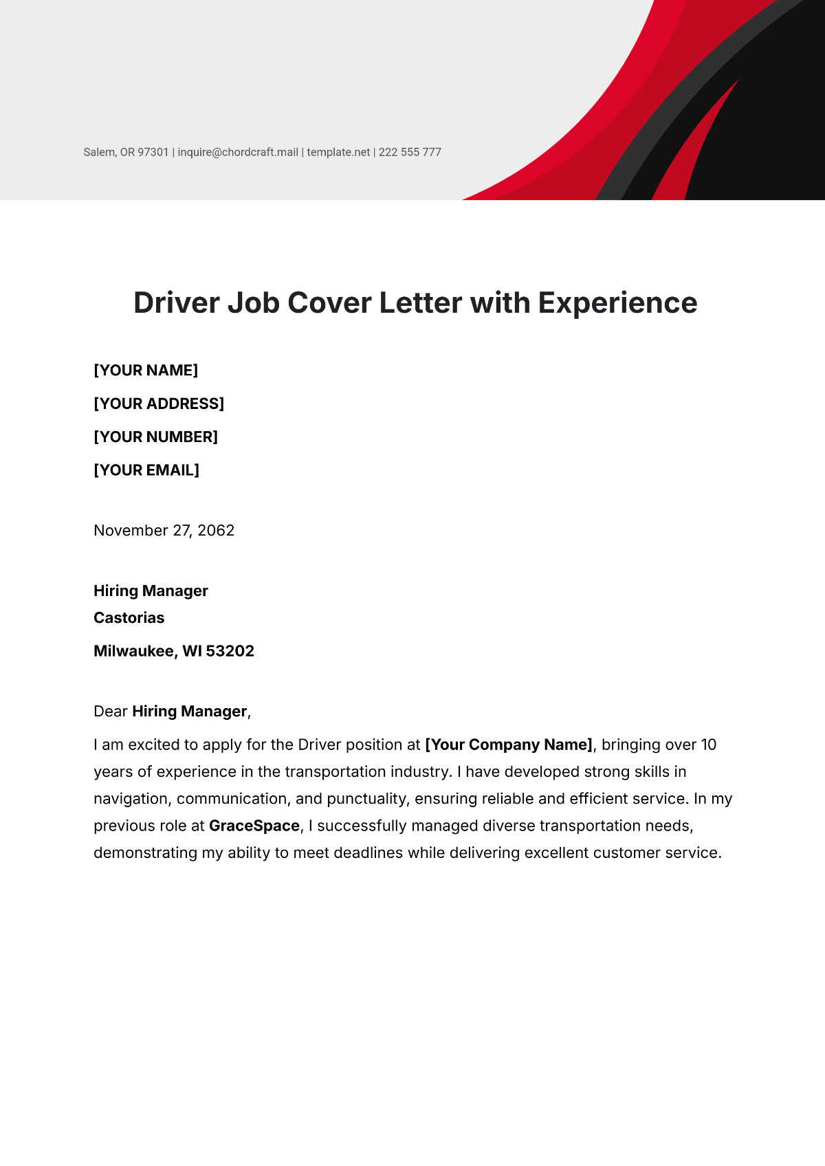 Driver Job Cover Letter with Experience Template - Edit Online & Download