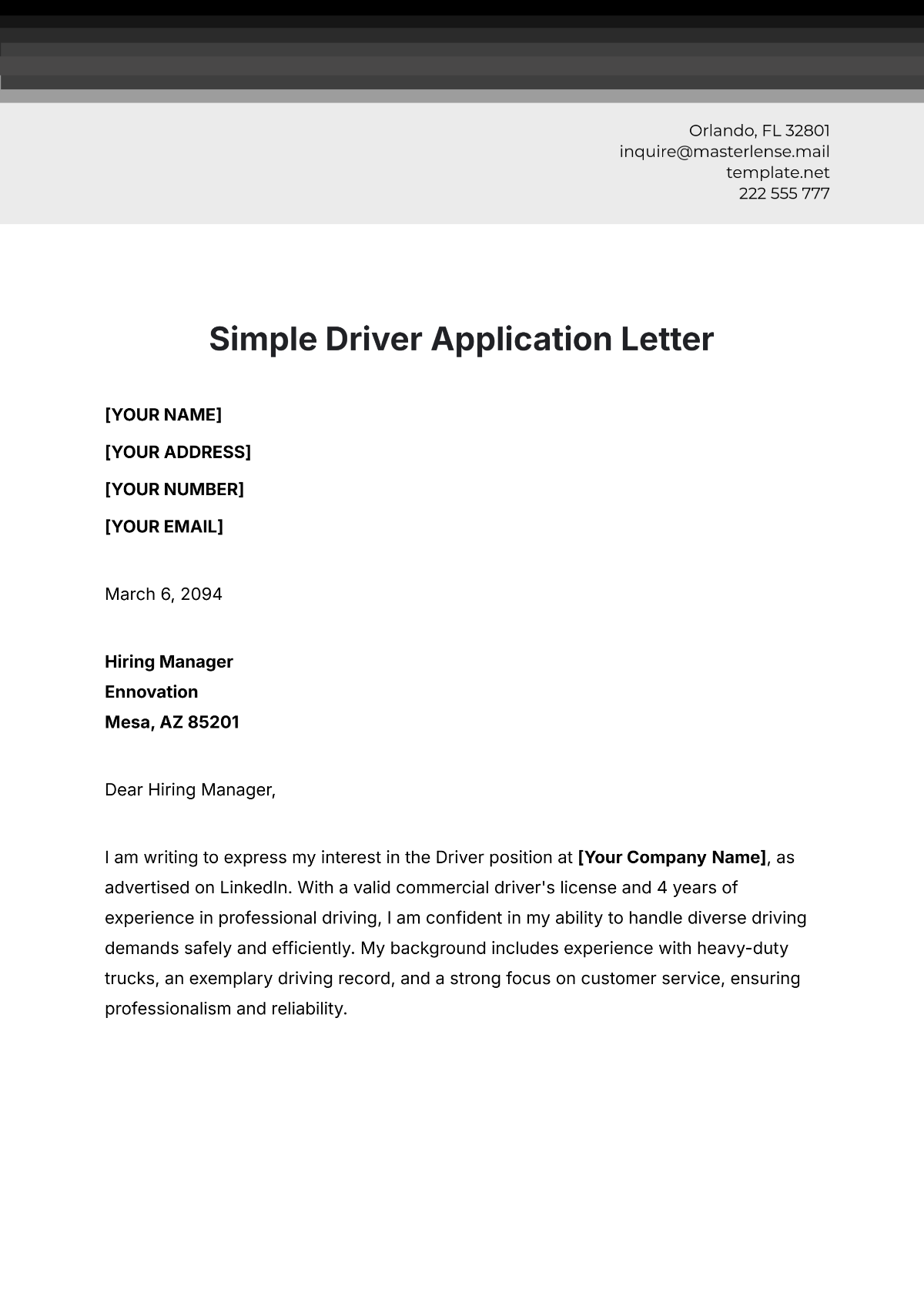 Simple Driver Application Letter Template - Edit Online & Download