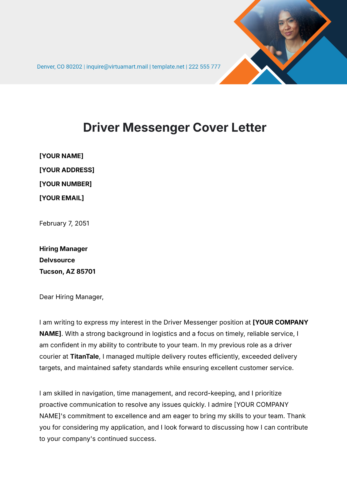 Driver Messenger Cover Letter Template - Edit Online & Download