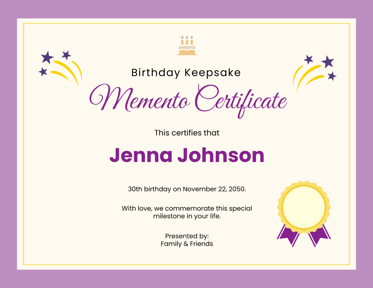 Birthday Keepsake Memento Certificate