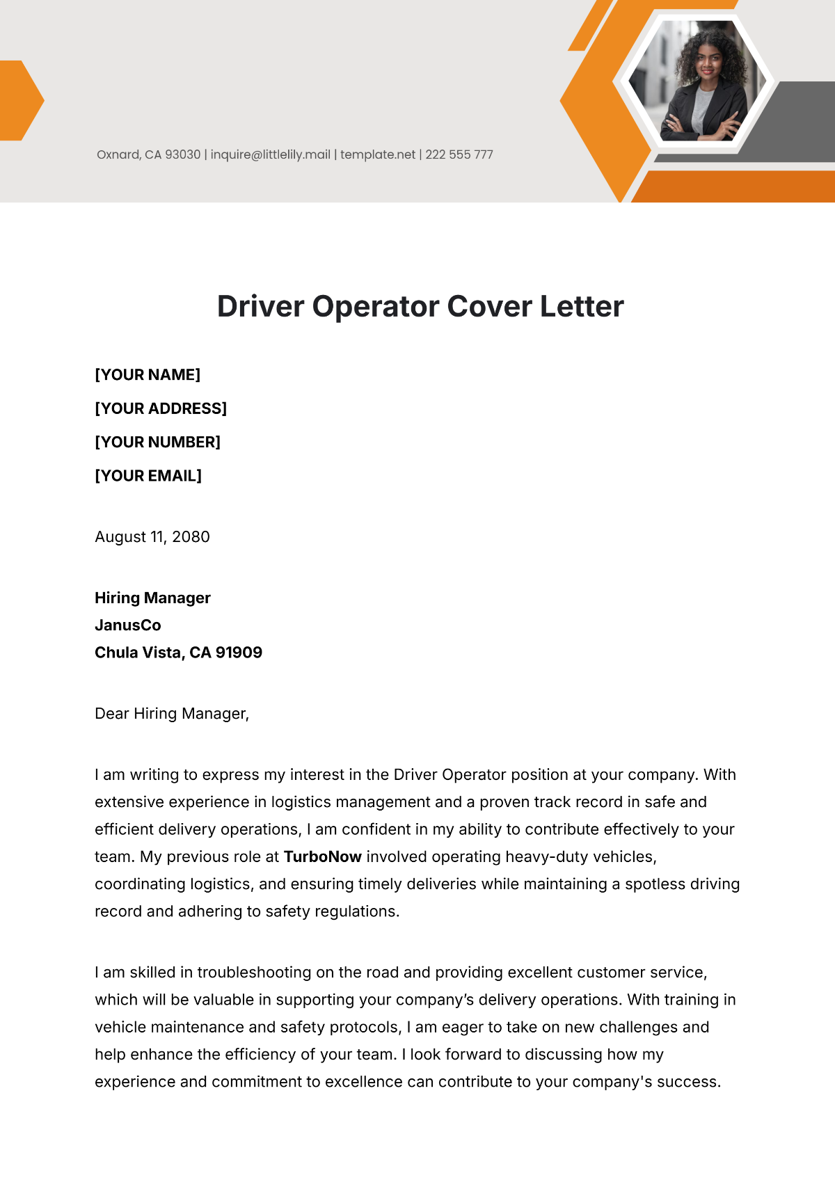 Driver Operator Cover Letter Template - Edit Online & Download