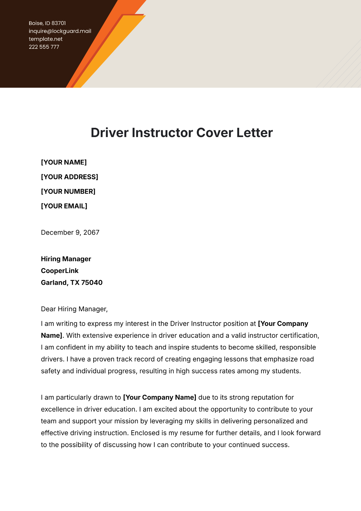 Driver Instructor Cover Letter Template - Edit Online & Download