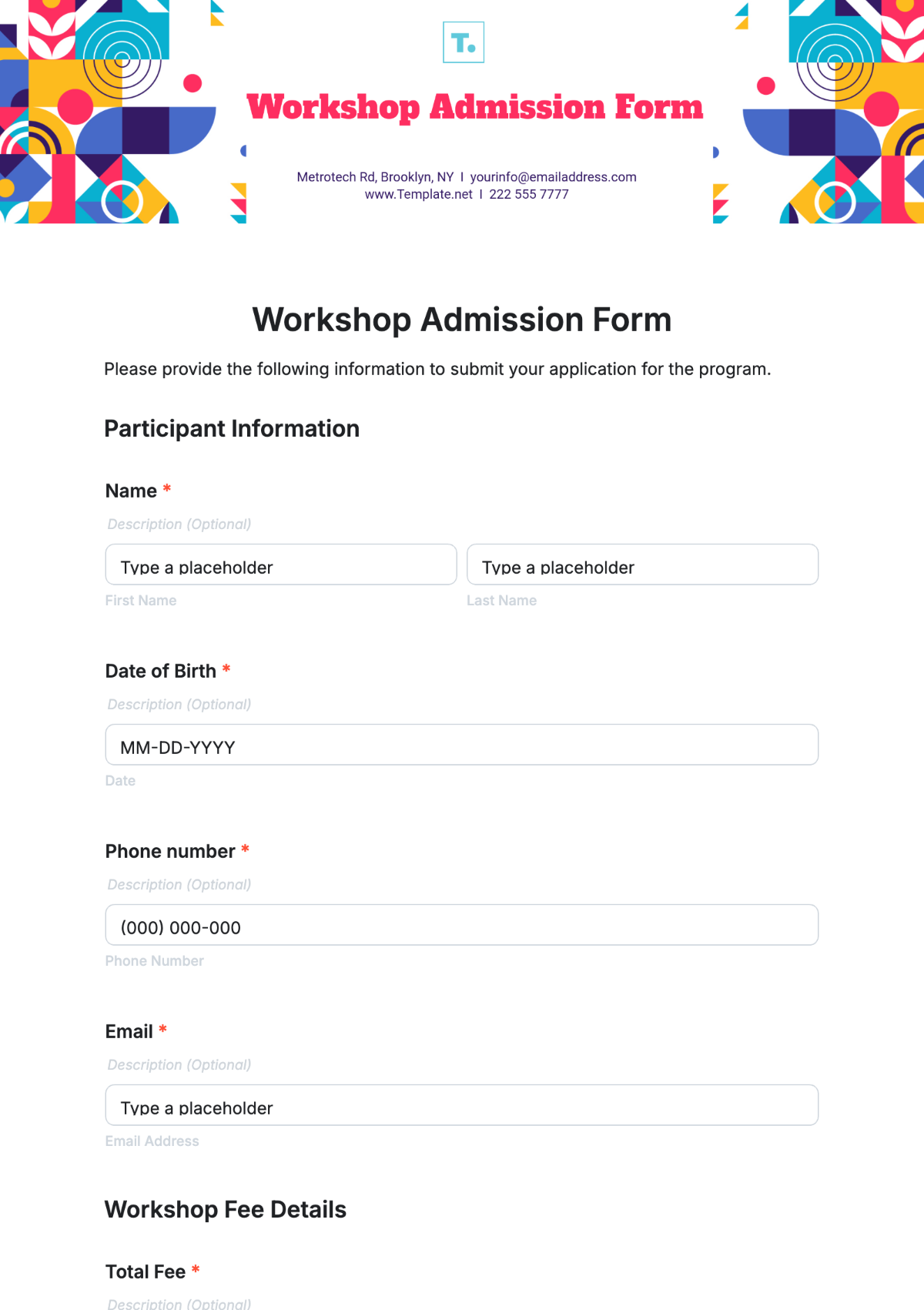 Workshop Admission Form Template - Edit Online & Download