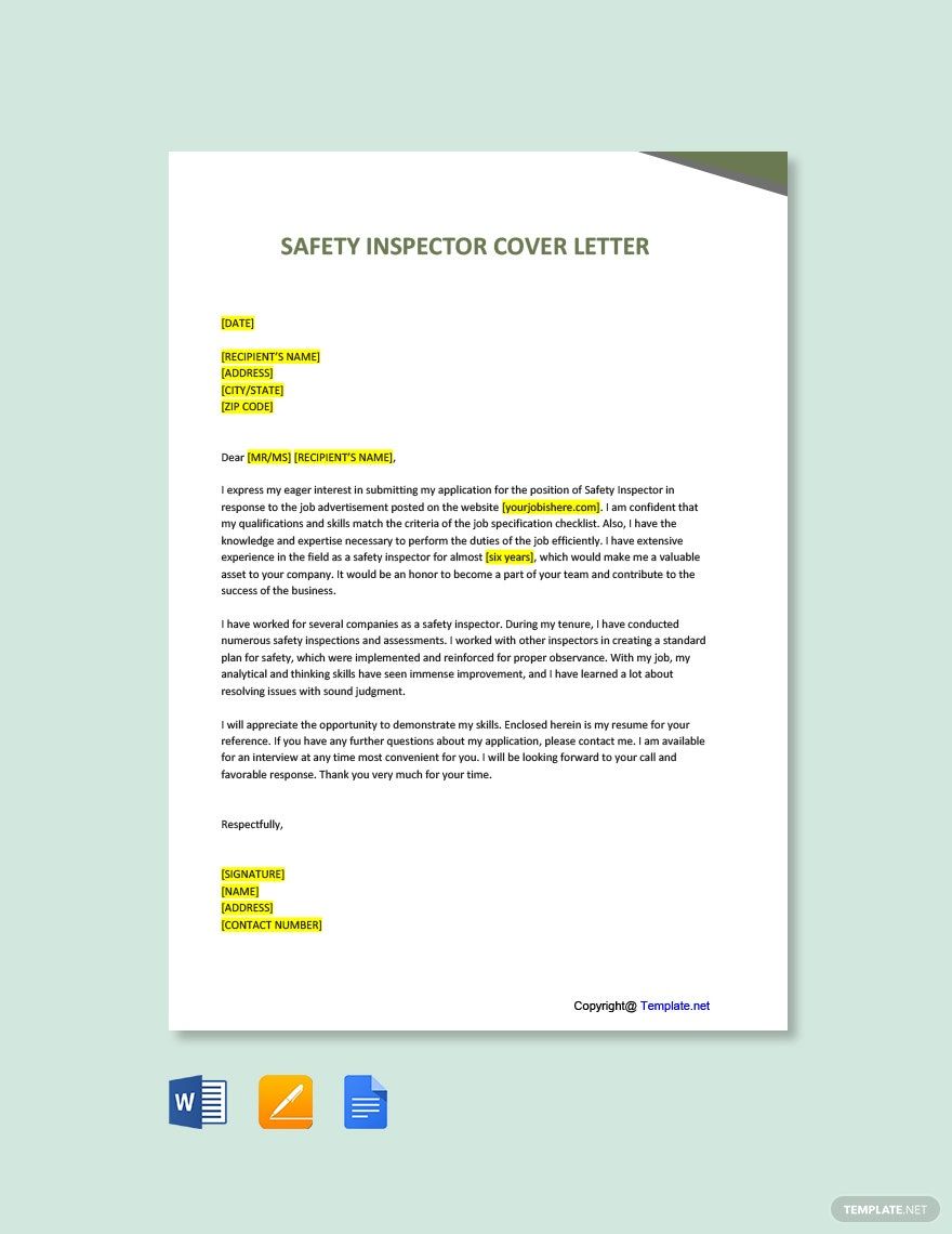 Free Safety Inspector Cover Letter in Word, Google Docs, PDF, Apple Pages